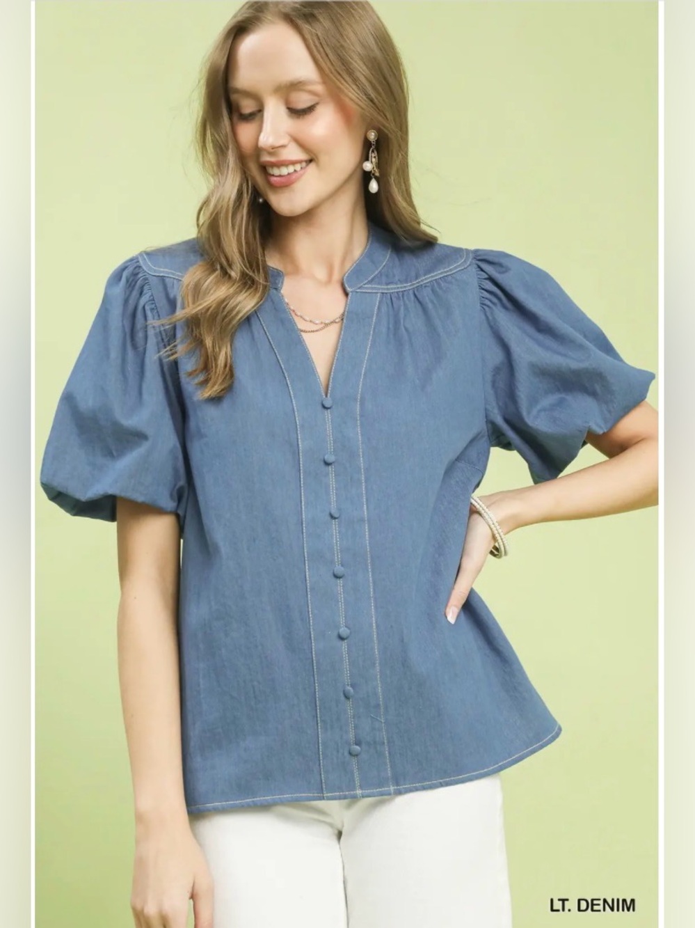 Umgee Denim Button Front Puff Sleeve Boho Blouse🛍️